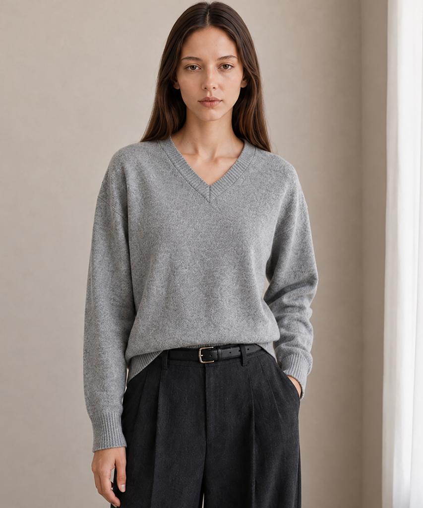 LEIE Soft V-Neck Merino Wool Raglan Oversized Knit (Melange Gray)