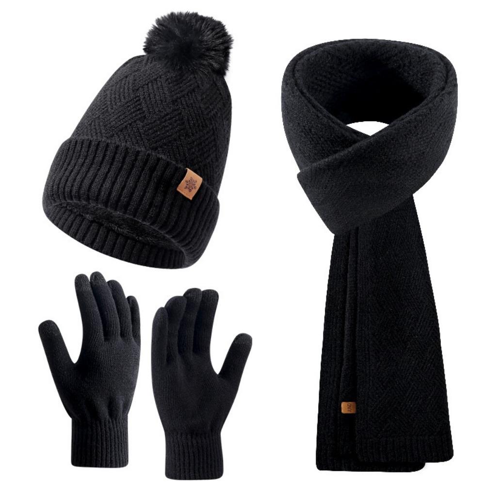 3pcs Wool Hat Scarf Gloves Set Solid Color Winter Beanie Hat Neck Warmer Thermal Knit Cap  Winter
