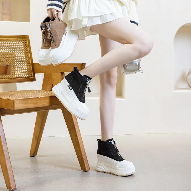 Heel 10cm Suede Cow Genuine Leather  Autumn Ankle Booties Moccasins Chimney Women Chunky Sneakers Boots Spring Fashion Shoes