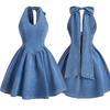 Women's Sleeveless Mini Dress Halter Neck High Waist Sweet Bow Solid Color Denim Sundress
