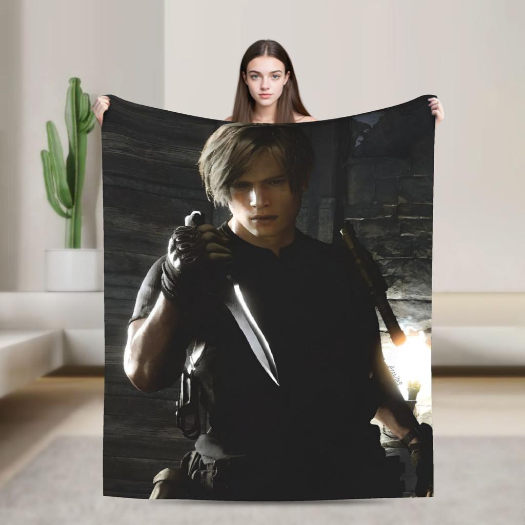 Leon Kennedy Resident 4 Remake Blankets Fleece Video Game Eviled Super Warm Throw Blankets for Bedroom Sofa Bed Rug