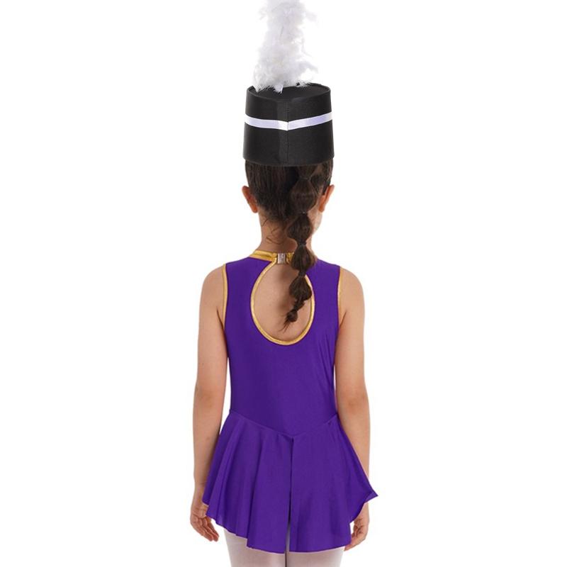 Girls Flag Raiser Performance Costume: Round Neck Cutout Back Sleeveless Leotard & Matching Feather Hat for Cosplay Dress Up