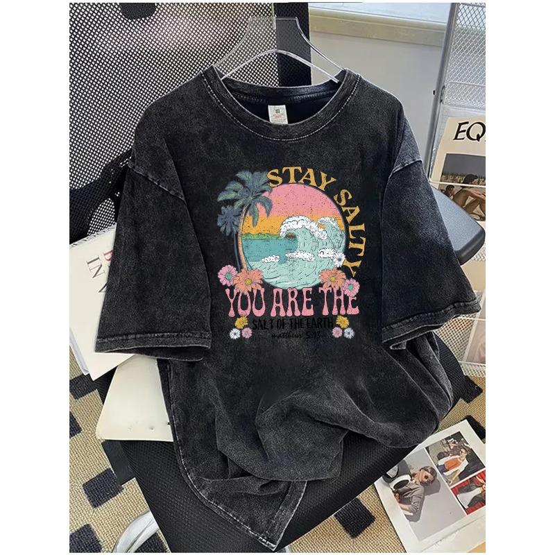 Retro Washed T Shirt Boho Crescent Moon Lunar Moth Flower Graphic Oversize T Shirt Casual Loose Streetwear Daily Wear