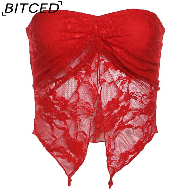 

BITCED Summer Women s Solid-Color Slim-Fit Streetwear Off-Shoulder Mesh Crop Top L красный