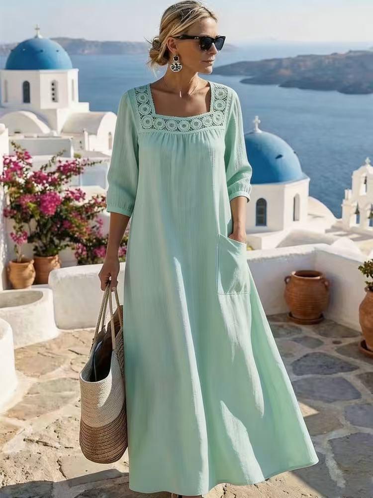 New Style Solid Color Square Neck Lace Patchwork Long Skirt Dress with Seven-Sleeves for Women