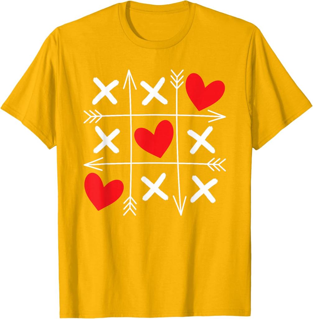 Tic Tac Toe Heart Arrows Valentine Day Graphic Tee Soft Cotton Casual T-Shirt for Men and Women