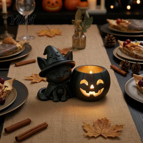Spooky Home Decoration Halloween Black Cat Pumpkin Candlestick, 3D Printed Witch Candle Decorative Figurine for Fall Holder with Tealight Cup,