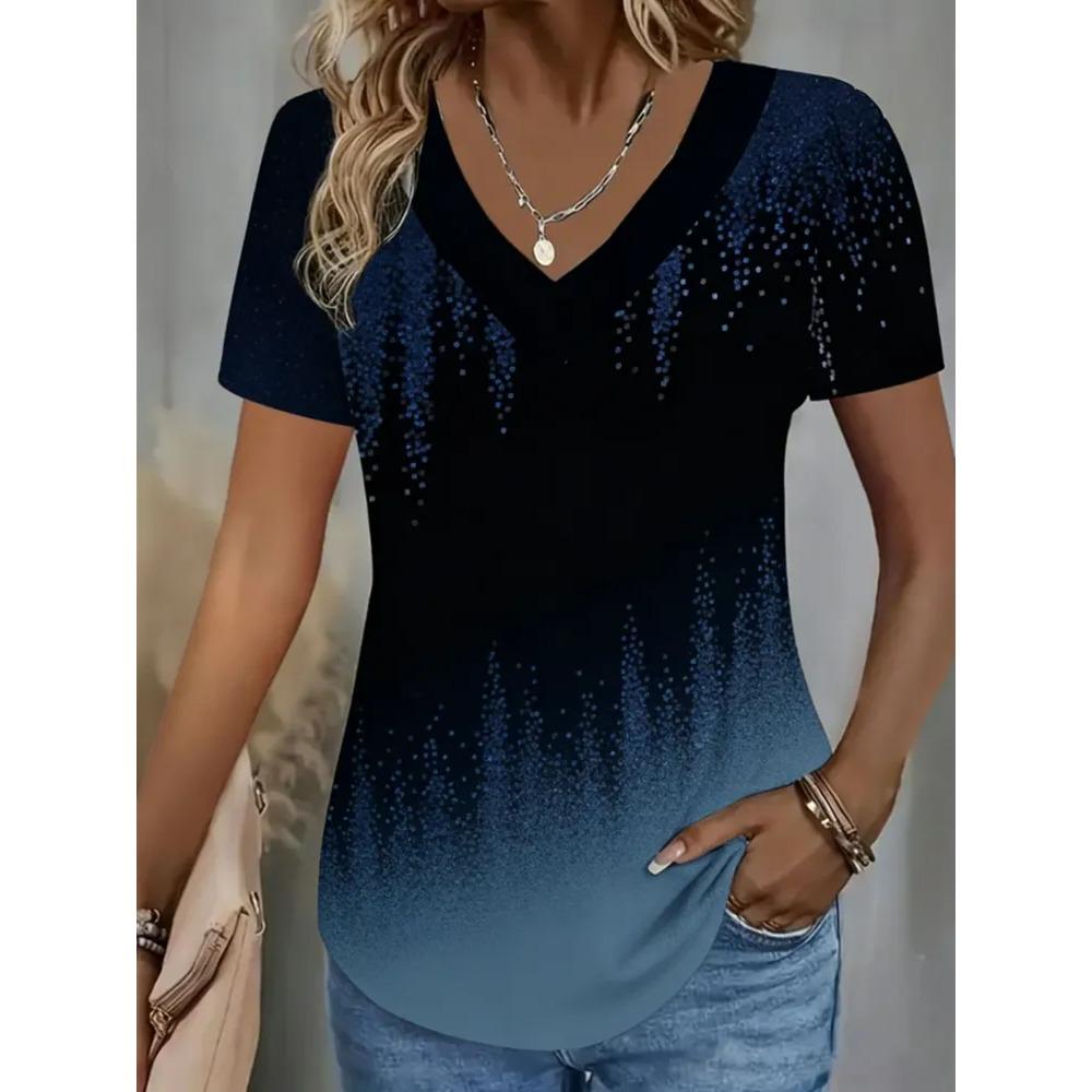 Creative Colorful Pattern Summer Soft Fashionable Comfortable Women's T-Shirts Casual Breathable Loose V-Neck Short-Sleeve T-Shirt
