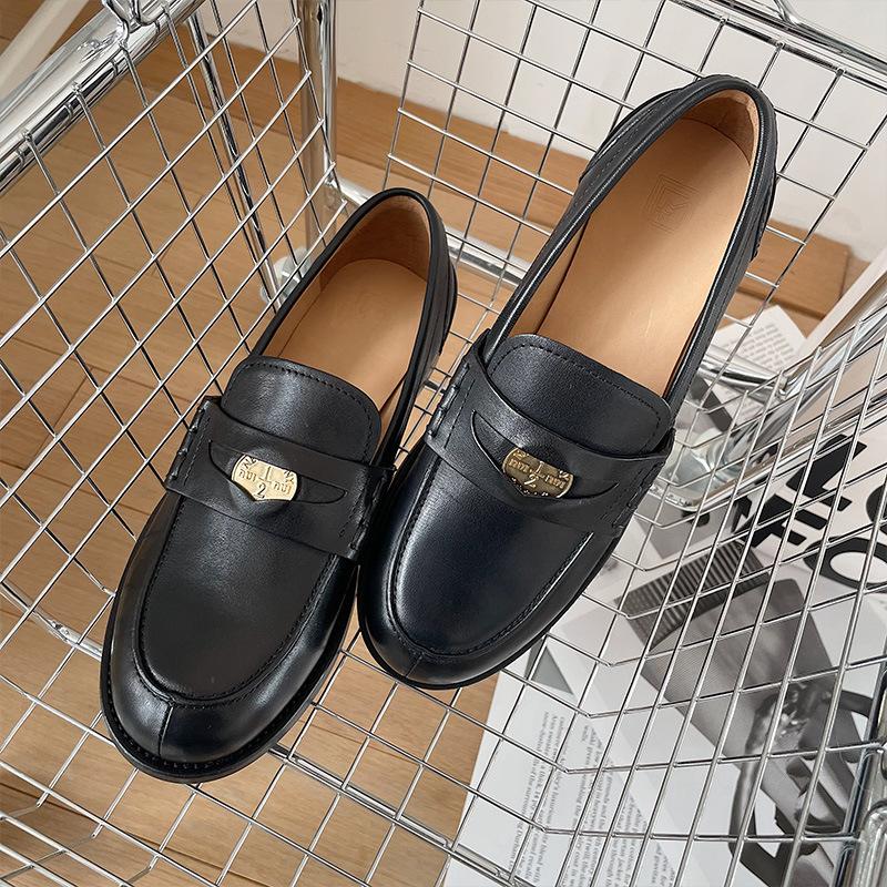 Hand-polished gold coin loafers women's British small leather shoes design sense niche retro thick heel bright leather round head single shoes