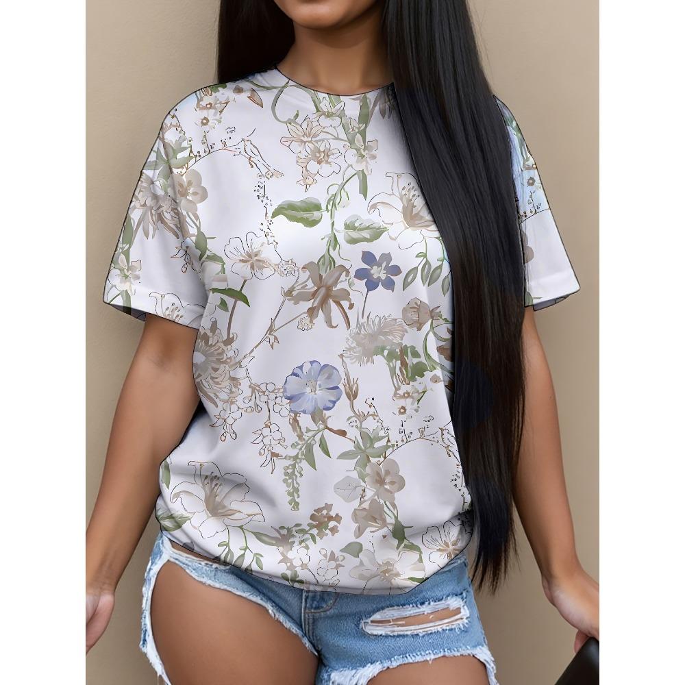 Summer New Women's Casual T-shirt Floral Print Fashion 3D Short Sleeved Round Neck Comfortable Plus Size T-shirt