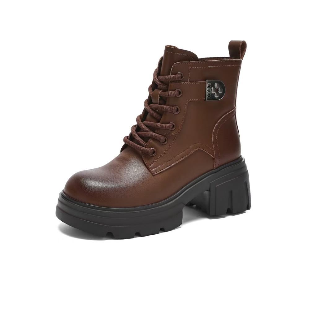 Autumn and Winter New Leather Thick-soled Martin Boots Women's Thick Heel Heightening Short Boots British Style Casual Versatile Locomotive Boots Tide