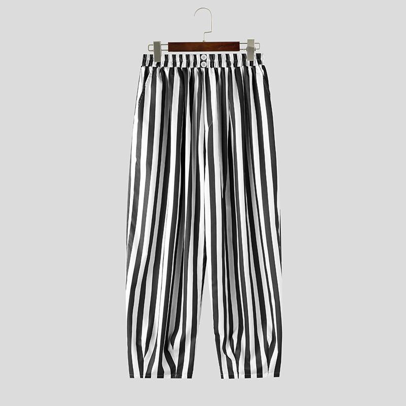 INCERUN Mens Striped Wide Leg Pants Casual Loose High Waist Streetwear Hip Hop Long Baggy Trousers
