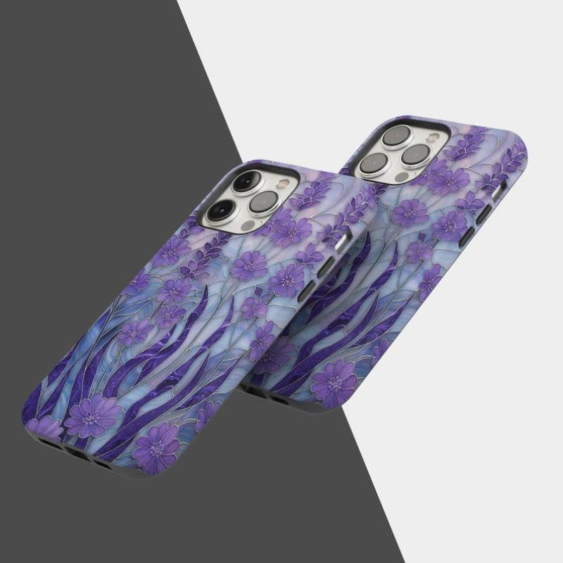 Coque de téléphone Vitrail Lavande Mosaïque Florale Jardin Coque de téléphone compatible pour iPhone 17 Air 16 15 14 13 12 Pro Max Plus Double couche