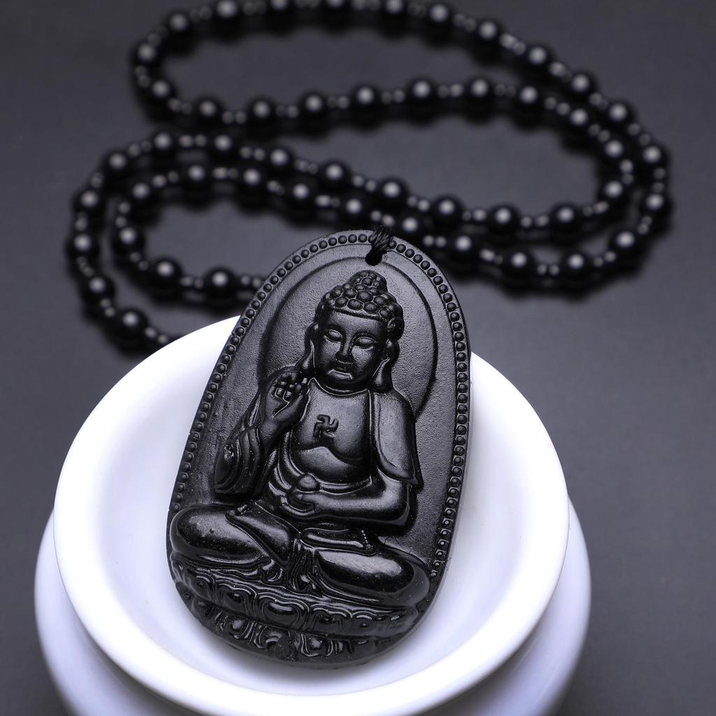 12 Zodiac Guardian Gods Black Obsidian Necklace with Guanyin Pendant