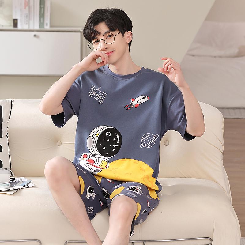 Sommer-Pyjama-Set für Herren mit süßem Cartoon-Print, Kurzarm-Oberteile und Shorts, Nachtwäsche, Loungewear, Studenten, zweiteilig, Nachtwäsche für Jugendliche und Jungen, Homewear für Männer