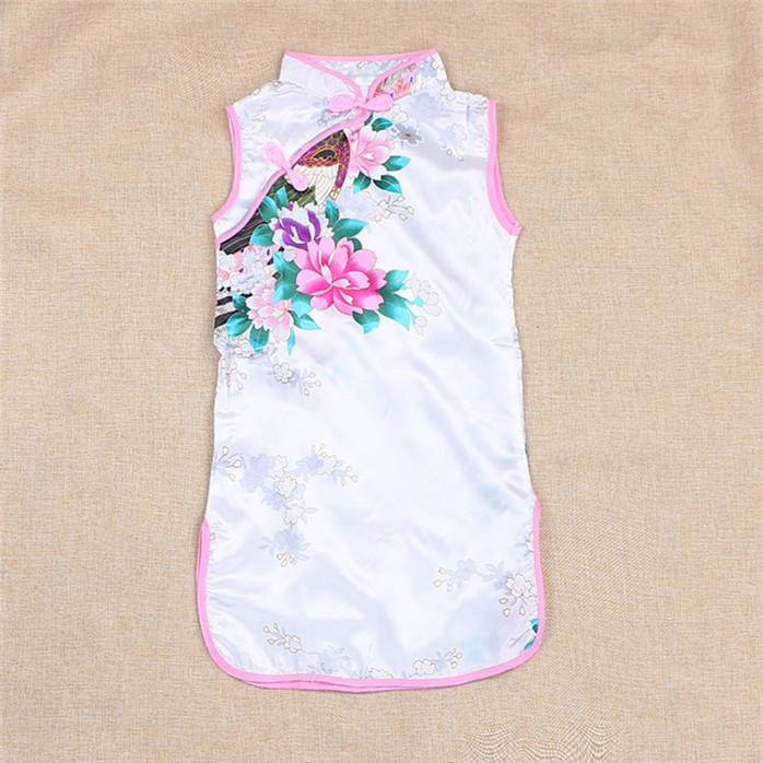 Girls Summer Cheongsam Chinese Style Qipao Dress for Kids Traditional Embroidery Silk Feel Party Costume for Chinese New Year Birthday