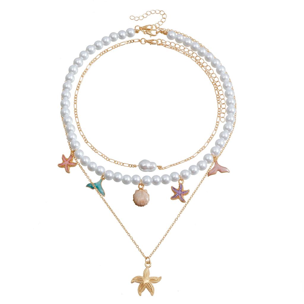 Beaded Pearl Baroque Ocean Wind Vintage Clavicle Chain Starfish Shell Pendant Necklace