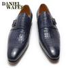 Classic Mens Dress Shoes Genuine Leather Buckle Monk Strap Pointed Toe Wedding Shoes Crocodile Pattern Business Formal Shoes Men