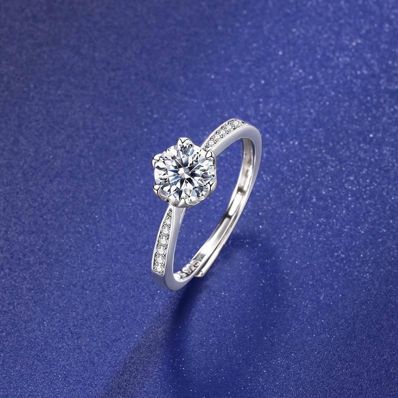 One Carat Moissanite Women s S925 Sterling Silver Classic Six-Prong Ring - Elegant Bridal Jewelry Adjustable Open Size