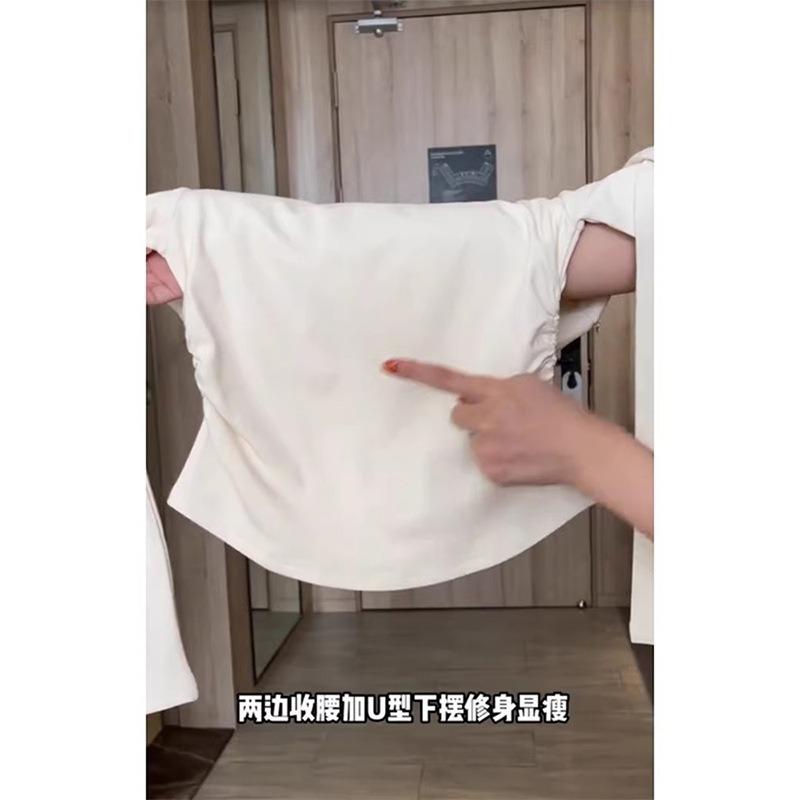 Crew neck front shoulder bottoming shirt women's waist pleated top spring irregular inner design long-sleeved shirt