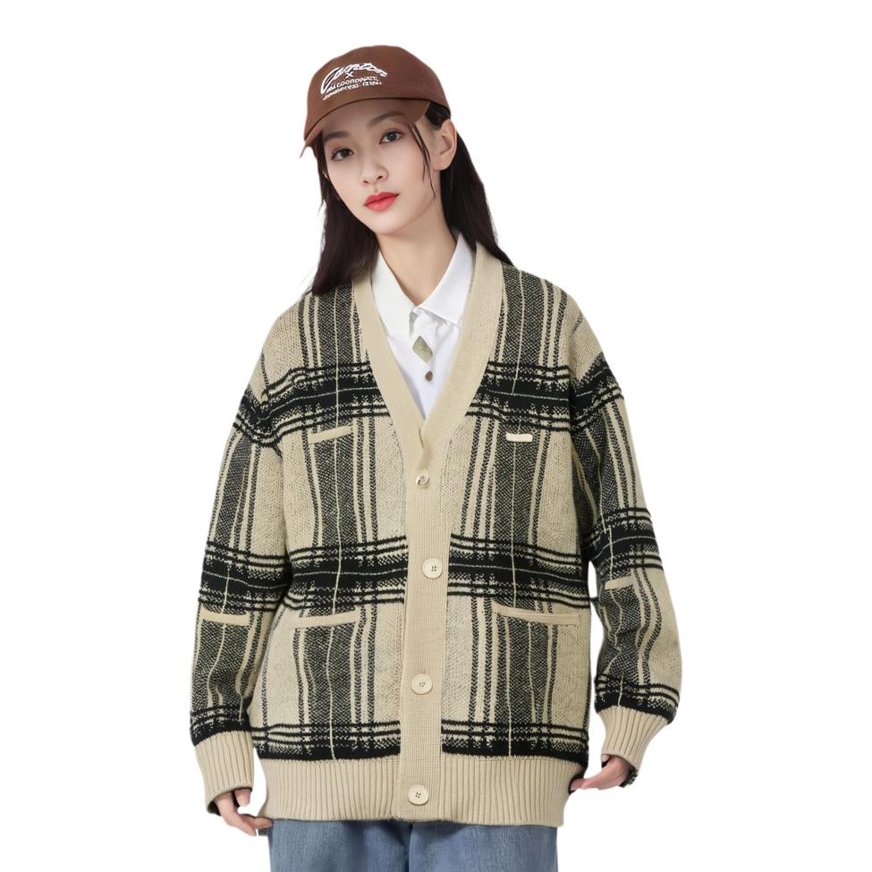 Li-Ning Plaid Single-Breasted V-Neck Loose Knit Sweater Unisex Tops AMBT003-3