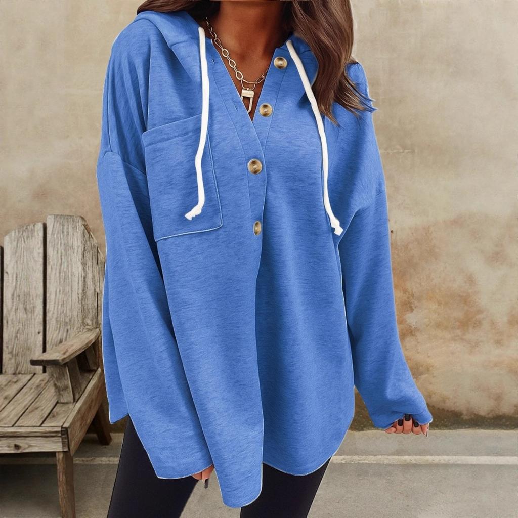 Damen Casual V-Ausschnitt Kapuzenpullover mit Taschen, Pullover, Lockere Passform, Einfarbig, Langärmige Oberbekleidung
