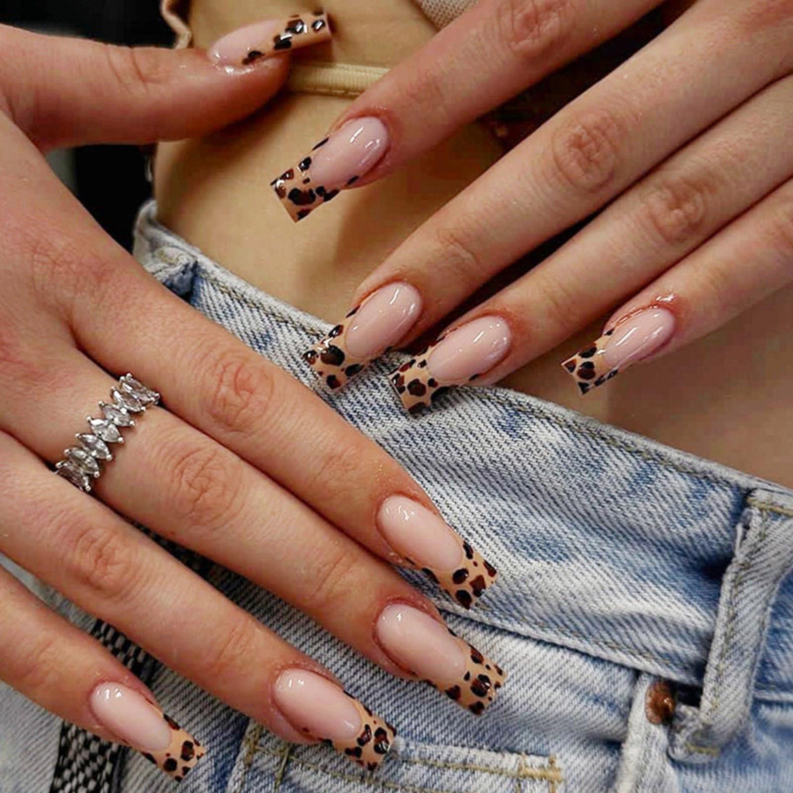 

24 шт. длинных накладных ногтей с леопардовым принтом, накладные ногти, осенние, полное покрытие, накладные ногти, искусственные ногти для женщин