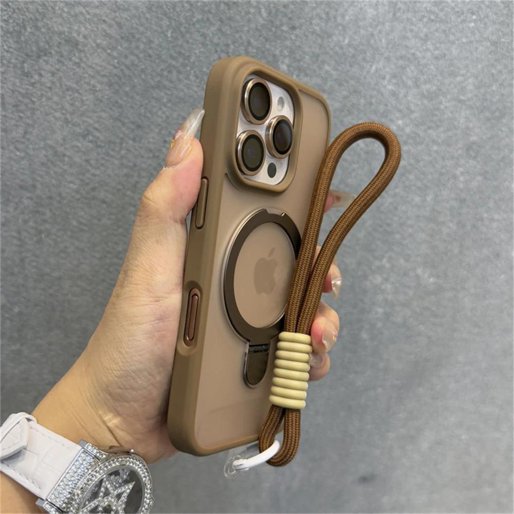 Wrist Strap Matte Clear Magnetic For Magsafe Holder Stand Case For iPhone16 15 11 12 13 14 16 Pro Max Plus With Lens Glass Cover