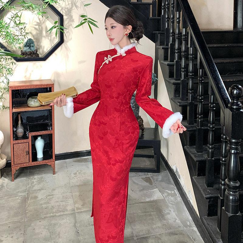 Red velvet winter clothing national style new Chinese long-sleeved improved cheongsam winter thick women's young New Year's clothing