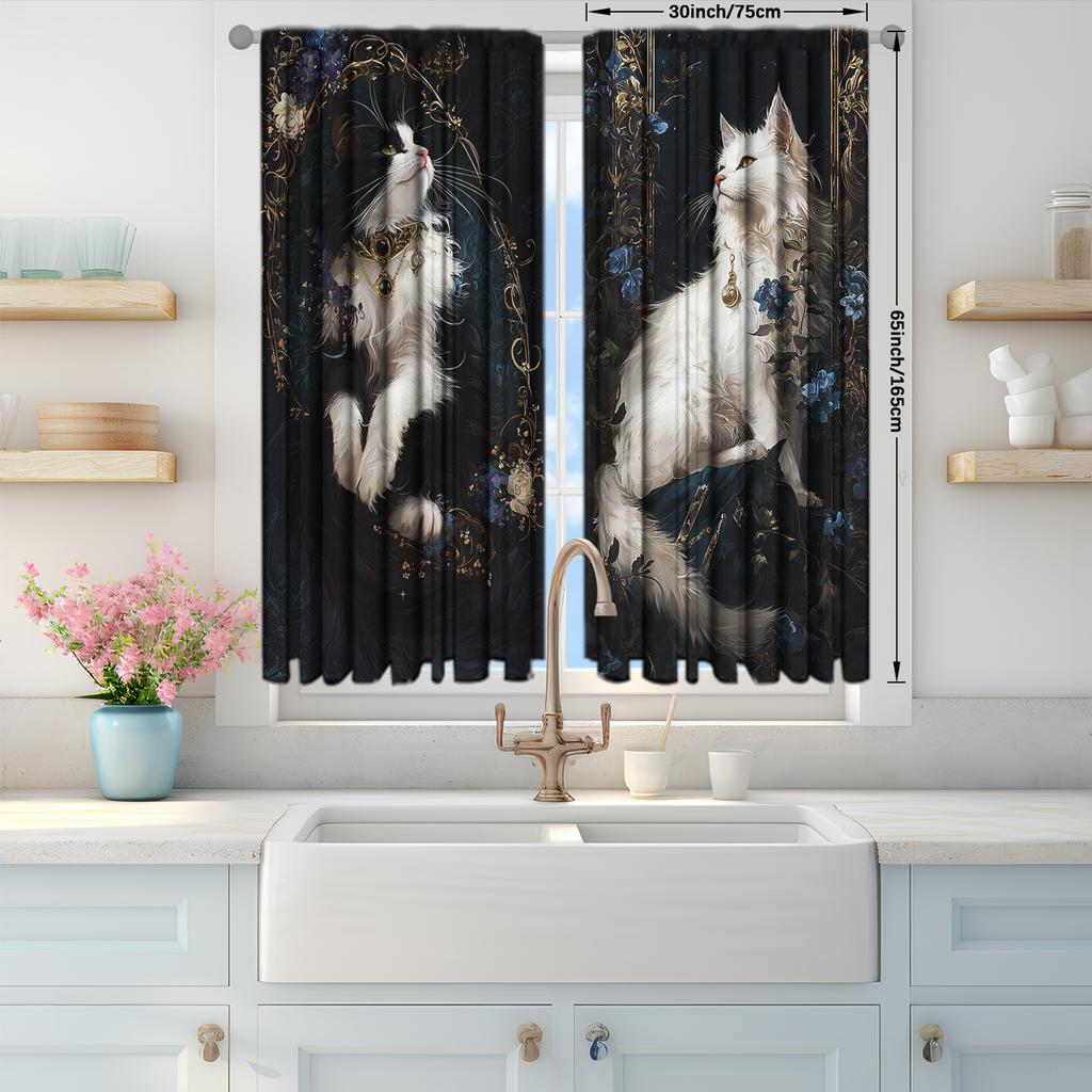 Black White Cat Print Curtains Polyester Stylish Bedroom Office Kitchen Living Room Study Decor Set Of 2 Made With Rod Pocket Great