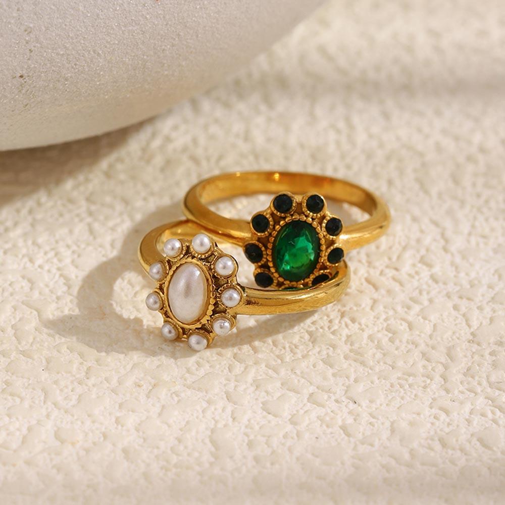 MamacitaSlay 316L Stainless Steel Vintage Pearl Zircon Flower Ring 18K Gold Plated Waterproof Jewelry For Women Stackable Ring