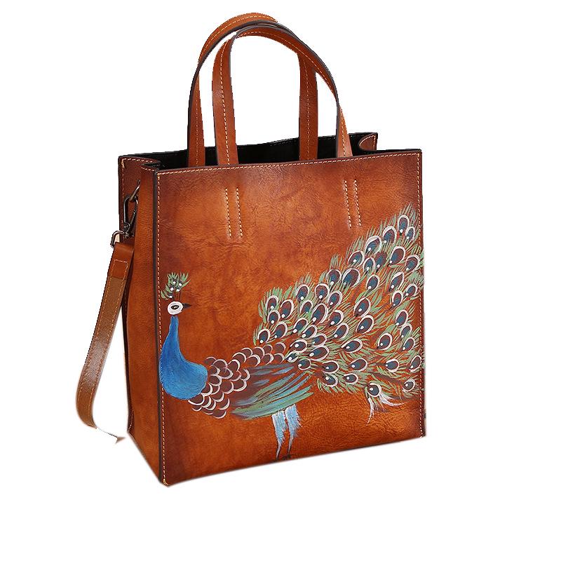 Páv ručně malované kabelky z pravé kůže Luxusní design Vintage kabelky přes rameno Dámské Dámské Nákupní taška Crossbody kabelky GZW