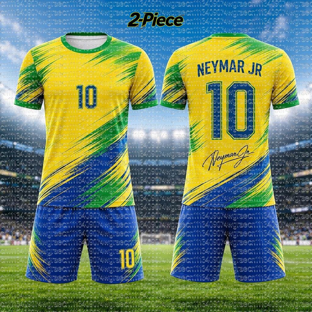 2026 Brazílie Neymar #10 Fotbalový dres Set, Fotbalové tričko Pánské Dámské Dětské, Samostatný top k dispozici, Fanouškovské tričko Šortky 2dílná tepláková souprava