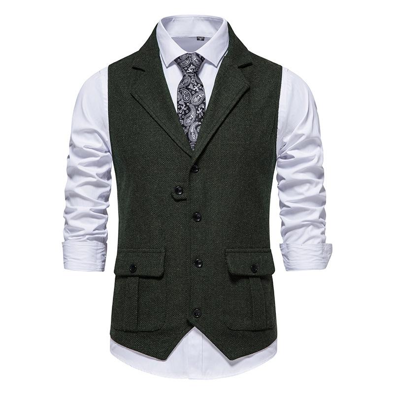 Mens Retro Vest Lapel Business Casual Single-Breasted Vest Slim Fit High Quality Mens Dress Wedding Male Tops