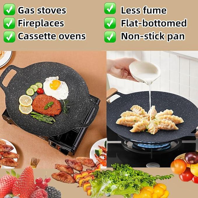 Best Seller Padella Grill Coreana per BBQ Piastra Arrosto | Padella Grill Circolare Antiaderente Senza Fumo | Grande Padella Piatta in Ghisa | Portatile Liscia