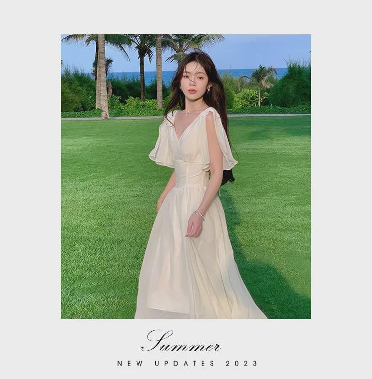 2024 Damen Hochwertiges Hellaprikosenfarbenes Chiffon-Trägerkleid mit V-Ausschnitt, Überknielang