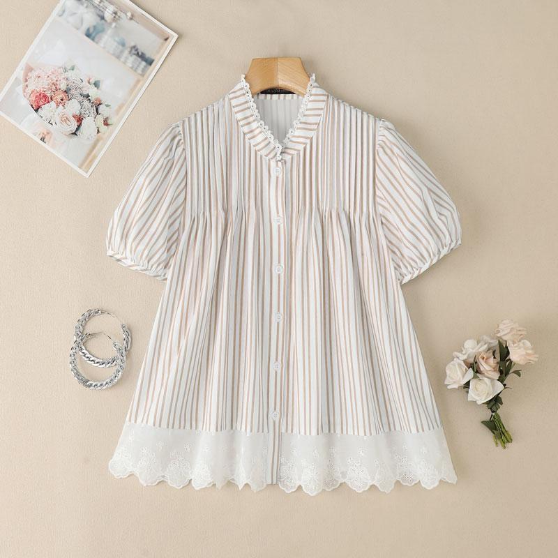ZANZEA Women Casual Turn Down Collar Short Sleeve Lace Splice Stripe Blouse