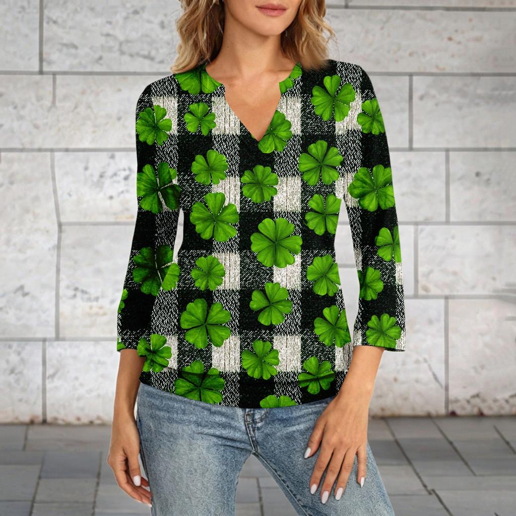 Women's 3/4 Sleeve Top With Cuffed Hem, V-Neck, Summer Casual -Shirt, St. Patrick's Day Printed Top