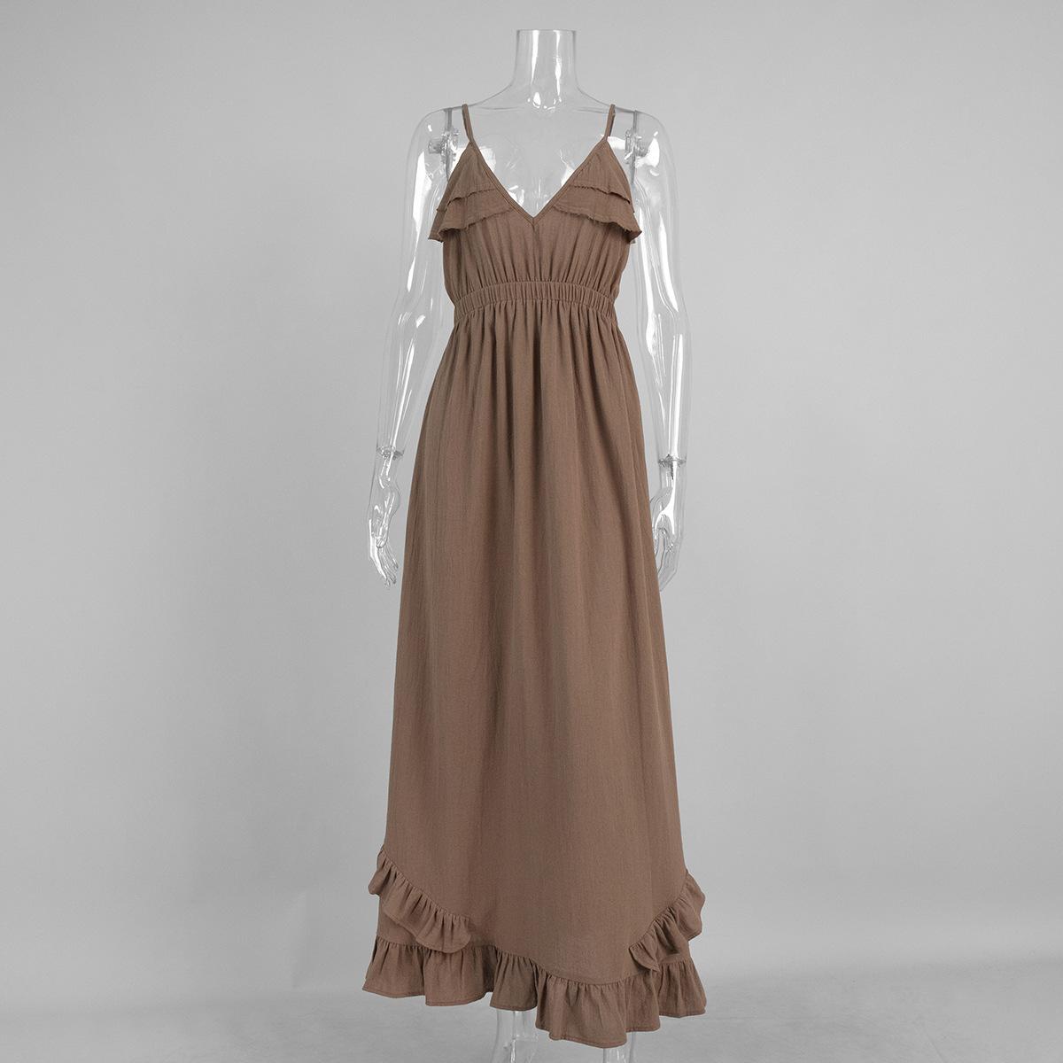 Suspender long dress, European and American summer new strap ruffle edge high waist suspender dress S