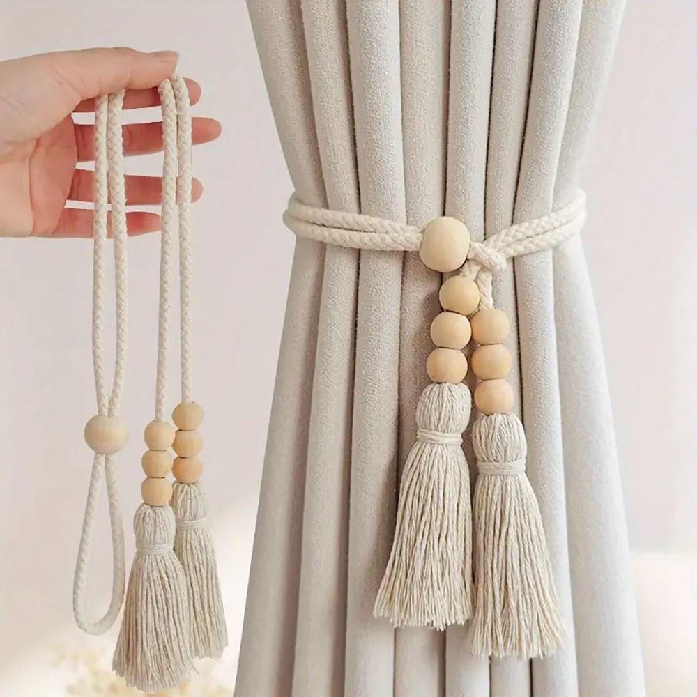 2Pcs with Tassels Curtain Tiebacks Fixed Nordic Curtain Tying Rope Wooden Bead Simple Curtain Hooks Bundle Bags Storage Buckle