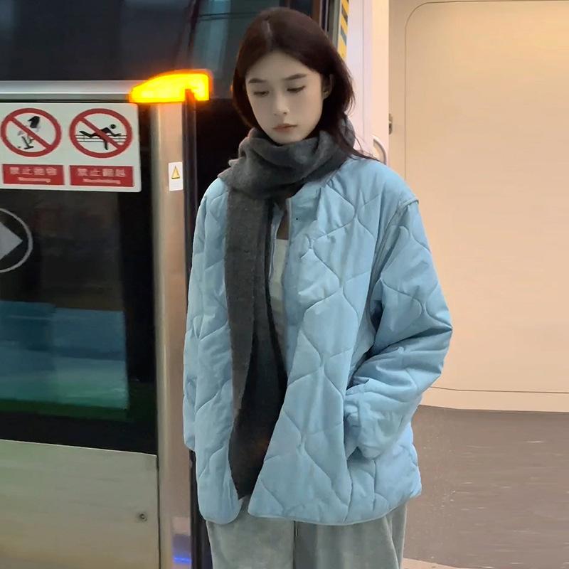 Lazy wind rhombus cotton clothes women's autumn and winter design sense small man padded cotton loose and thin cotton coat
