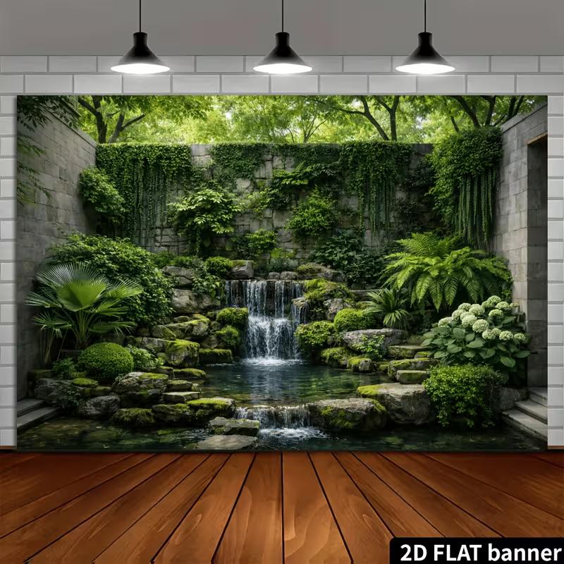 2D Zen Garden Waterfall Backdrop for Nature, Lifestyle & Greenery Photography
