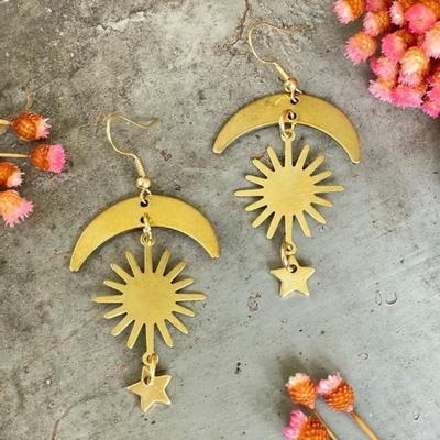 New Mysterious Ethereal Gold Color Sun Crescent Moon Stars Celestial Dangle Earrings for Woman Bohemia Ethnic Style Jewelry Gift