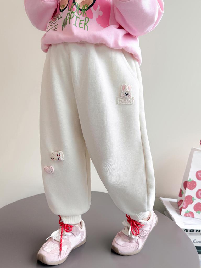 Girls' Autumn Rabbit Embroidery Sweatpants - Fashionable Casual Long Pants for Baby and Medium-sized Kids