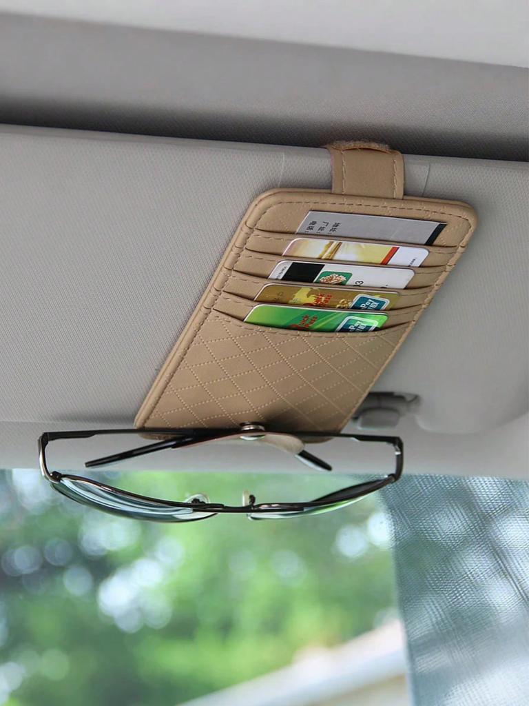 1Pc Car Sun Visor PU Leather Organizer - Multifunctional Sunglasses & Card Holder, Velcro Design, Universal Fit.