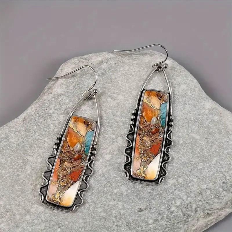 

Hot Selling Vintage Rectangular Colored Zircon Earrings Women Fashion Bohemian Style Wholesale