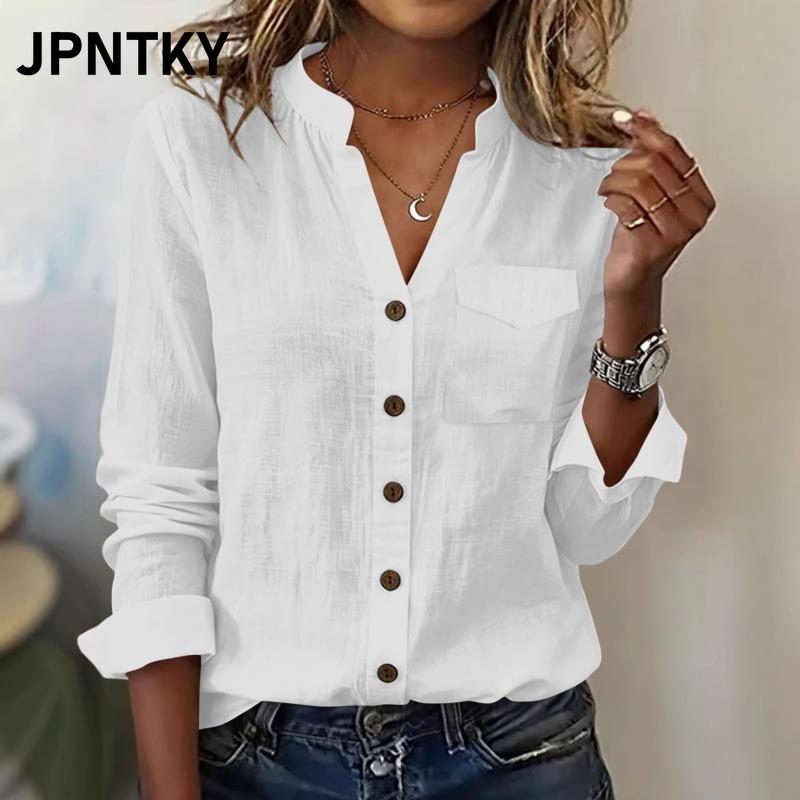 JPNTKY Women's Fashion Casual Solid Color Print Long Sleeve V Neck Blouses & Shirts International Design