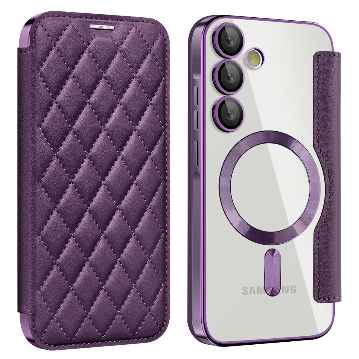 

Чехол для Samsung Galaxy A35 5G с отделением для карт, ромбовидный кожаный чехол для телефона, совместимый с MagSafe Purple