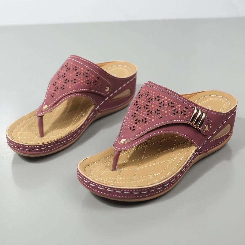 

New spring and summer flip-flops sewing line hollow slope heel large size toe cool slippers women 42 бордовый