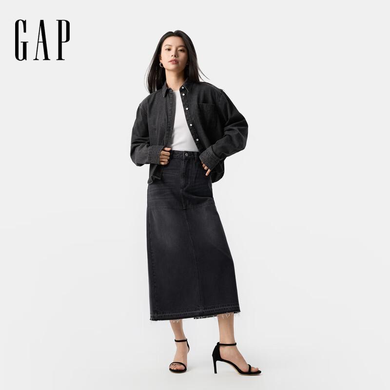 Джинсовая миди-юбка Gap для женщин, весна 2025, стираная, с необработанным краем XL промывают черный